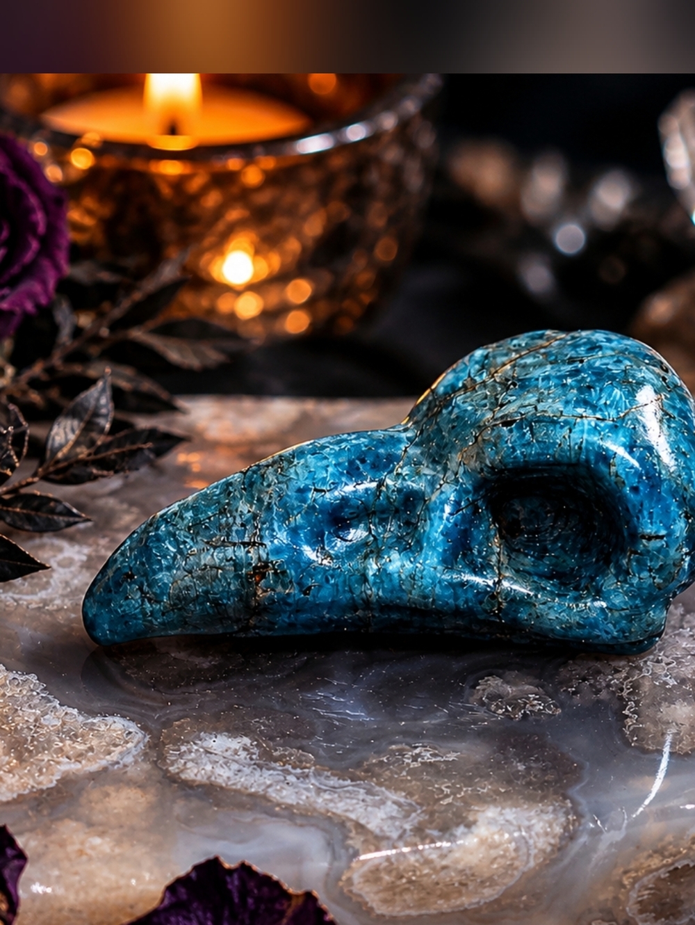 🖤 Blue Apatite Raven Skull Carving 1.5” – Crystal Gothic Decor – Collector